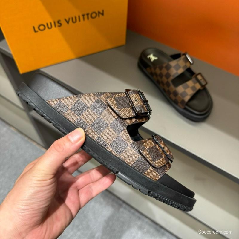 2024 Slippers Louis Vuitton Brown Black Leather Checkered Buckle MJ00210