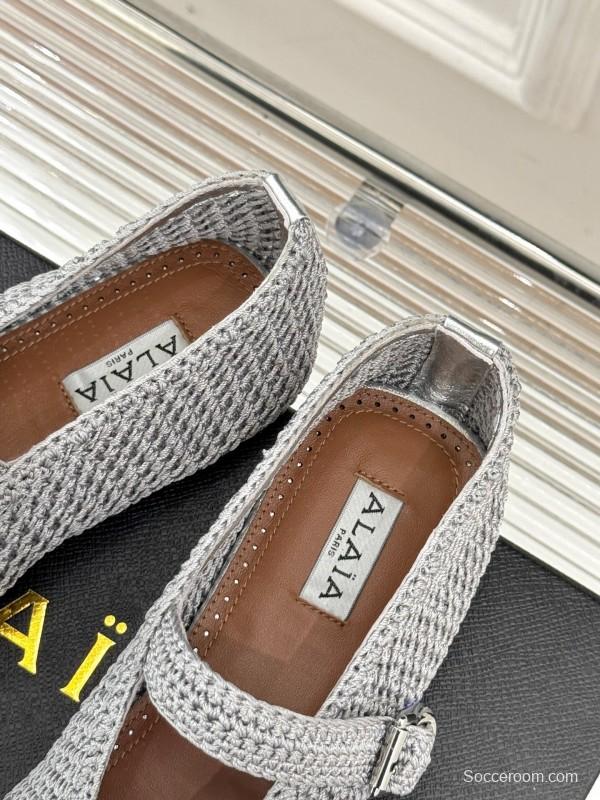 2025 Women AlAIA White Grey Knit Mary Jane Ballet Flat