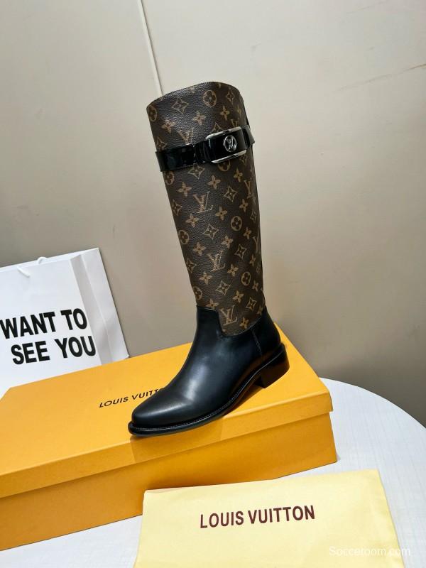 2024 Women Louis Vuitton Brown Black Leather Canvas Boots MJ00400