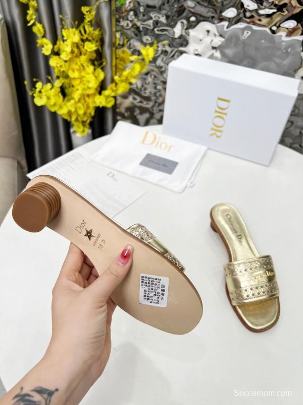 2025 Women Dior Gold Leather Slides