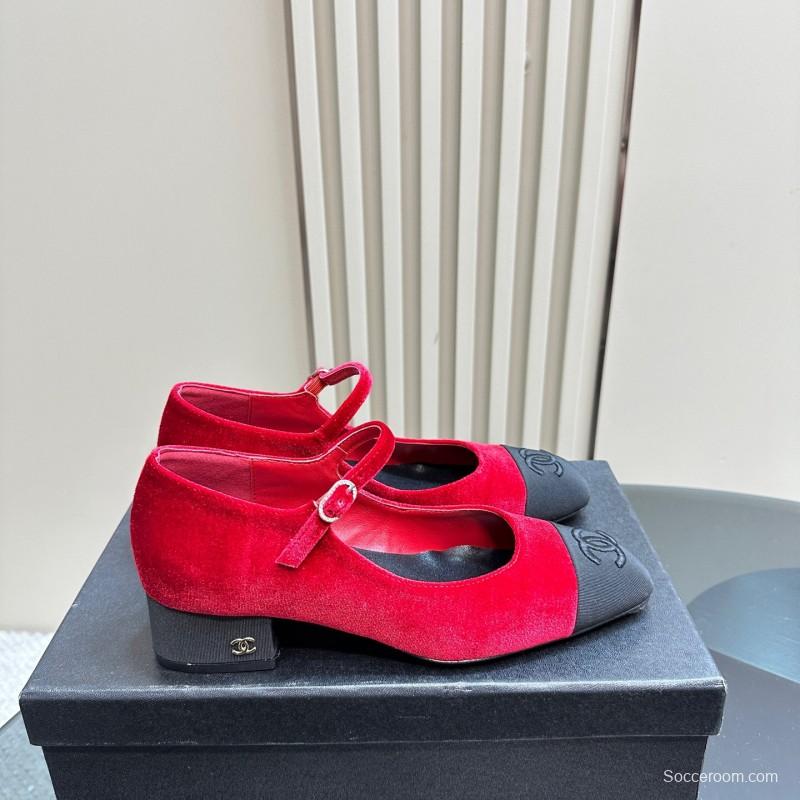 2025 Women Chanel Red Black Suede Leather Mary Jane Exclusive KFY00290