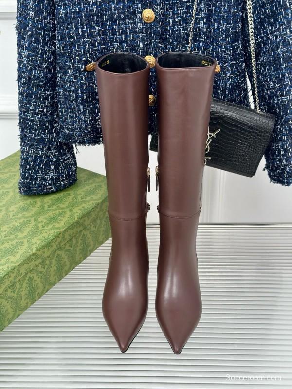 2024 Women Gucci brown calf leather boots chain MJ00550