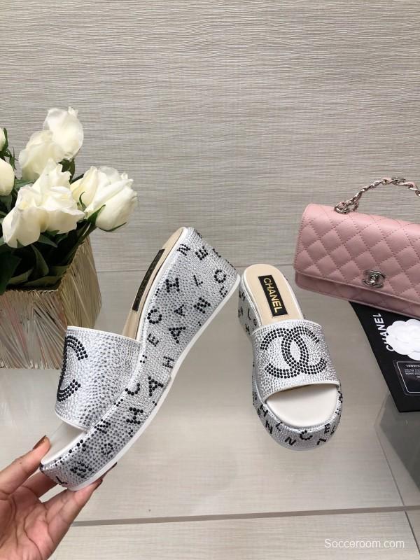 2025 Slippers Chanel White Rhinestone Platform Slide LY00330