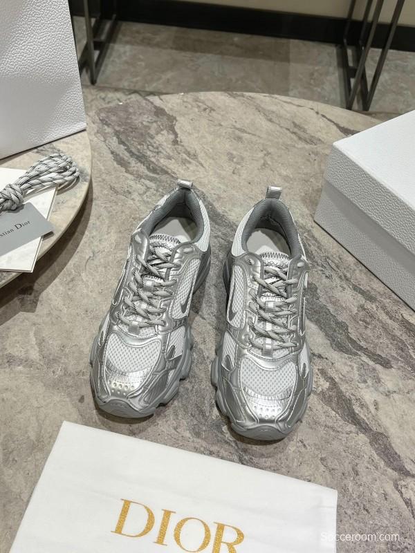 2025 Women Dior Silver Mesh Leather Sneakers