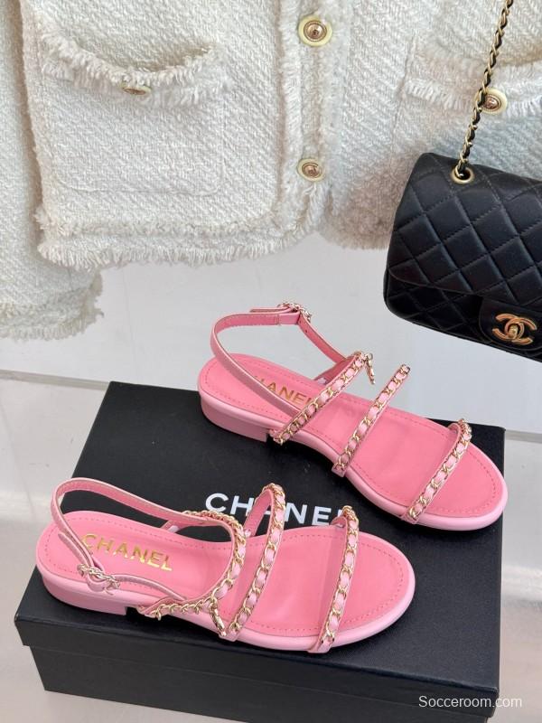 2025 Women Chanel Pink Leather Chain Strap Sandals