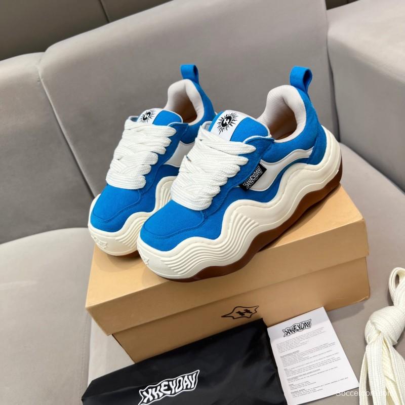 2025 Unisex HEYDAY Blue White Canvas Leather Sneakers Wavy Sole KFY00260