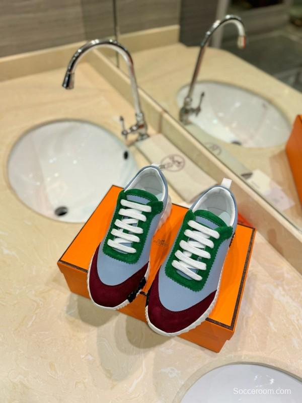 2024 Unisex Hermès White Green Burgundy Imported Silk Suede Casual Sneakers MJ00320