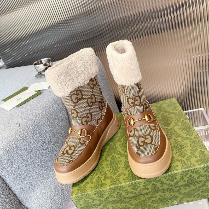 2024 Women Gucci brown leather sheep wool snow boots MJ00420