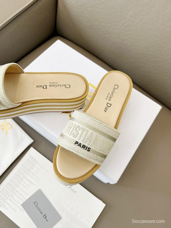 2025 Women Dior White Beige Canvas Platform Slippers