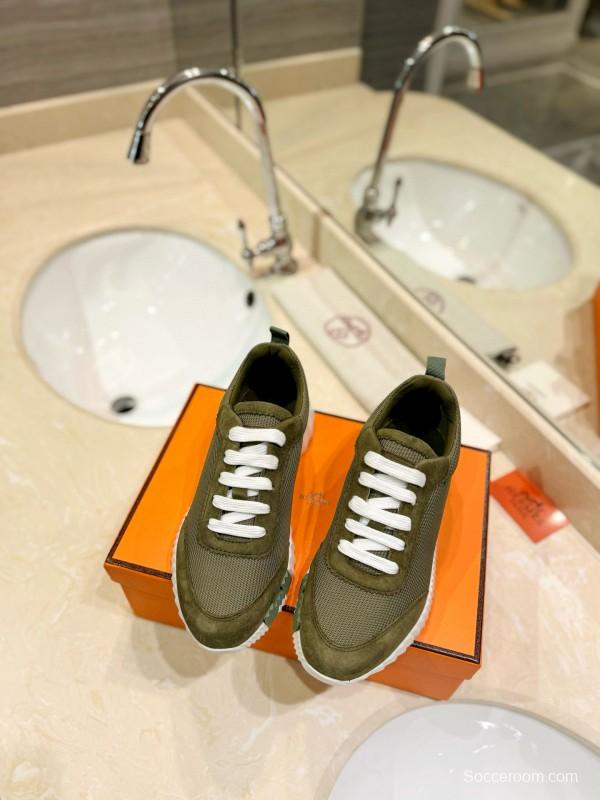 2024 Unisex Hermès Green Khaki Imported Silk Leather Sneakers MJ00320