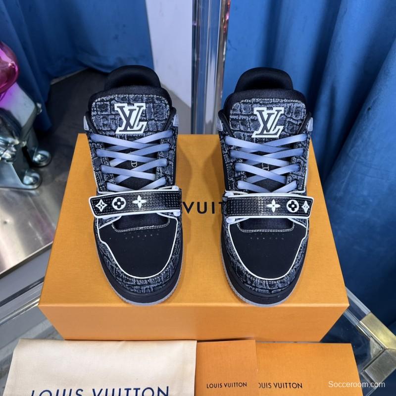 2025 Unisex Louis Vuitton Black Grey Leather Canvas Plimsolls Stitching LV0038