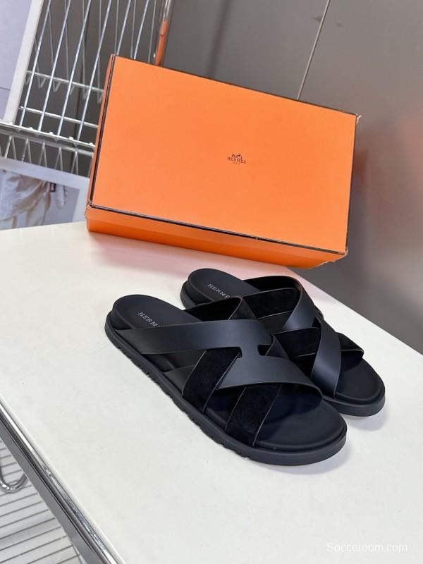2025 Slippers Hermès Black Leather Slippers