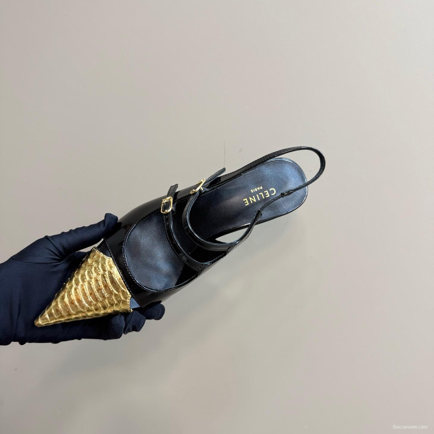 2025 Women CELIN* Black Gold Leather Pointed Toe Slingback Heels