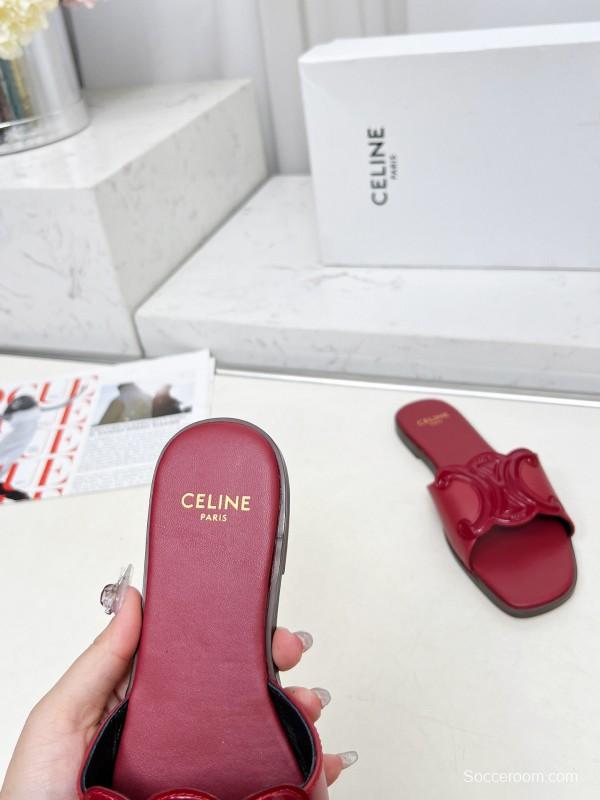 2025 Women CELINE Red Leather Slippers