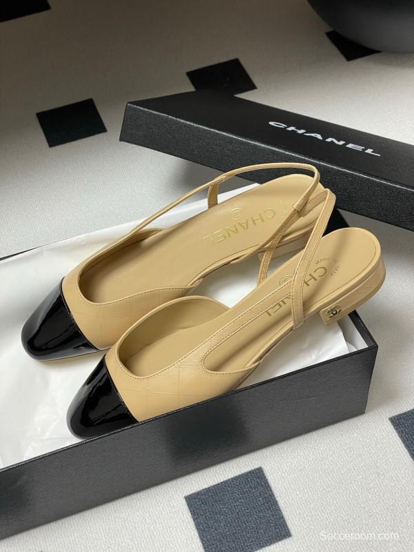 2025 Women Chanel Beige Black Leather Sling-back Flat Heel