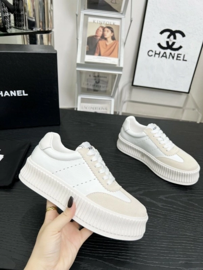 2025 Women Chanel White Leather Suede Sneakers LY00270