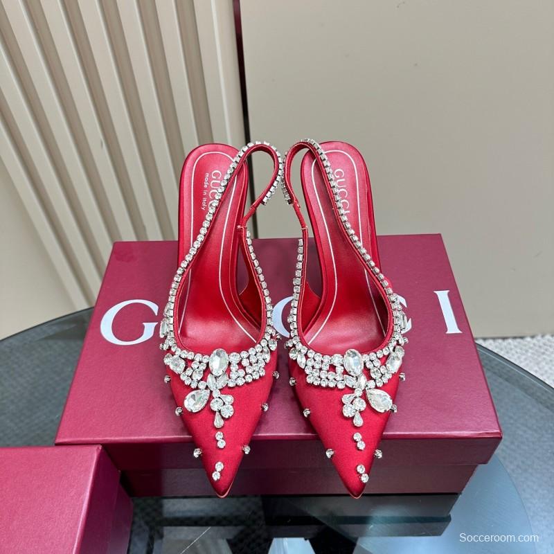2025 Women Gucci Red Silk Rhinestone Embellished Heels KFY00340