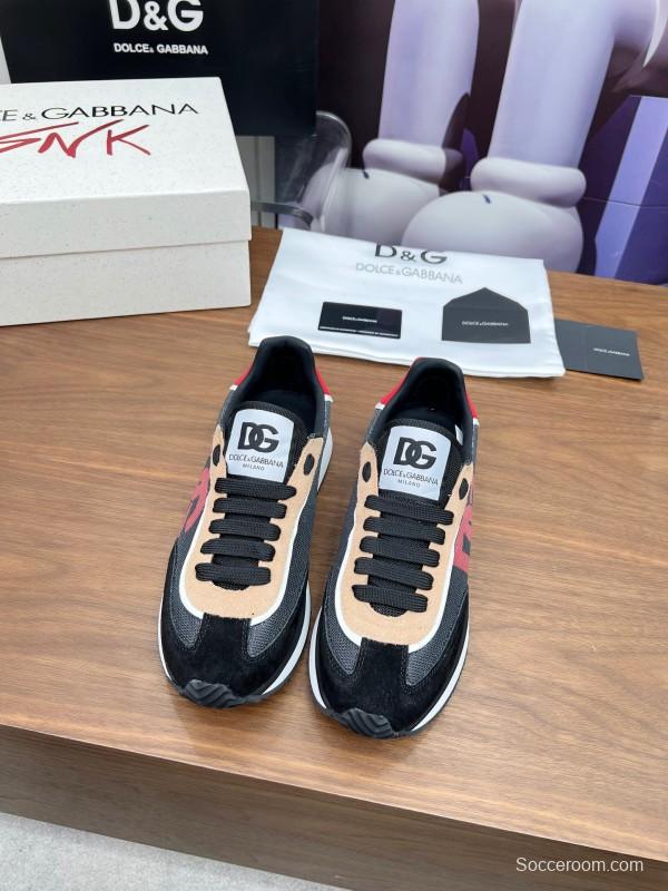 2025 Unisex Dolce & Gabbana Black Brown Red PU Leather Mesh Casual Sneakers LY00300