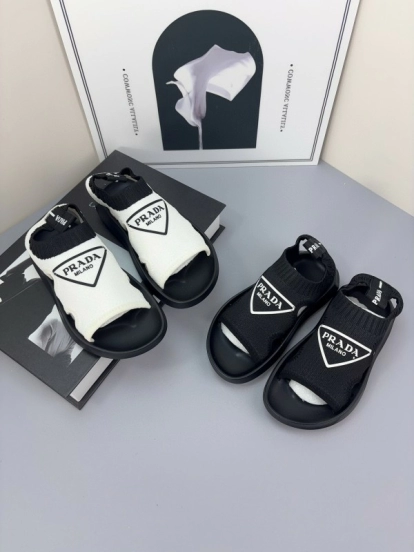2025 Kids PRADA Black White Fabric Sandals
