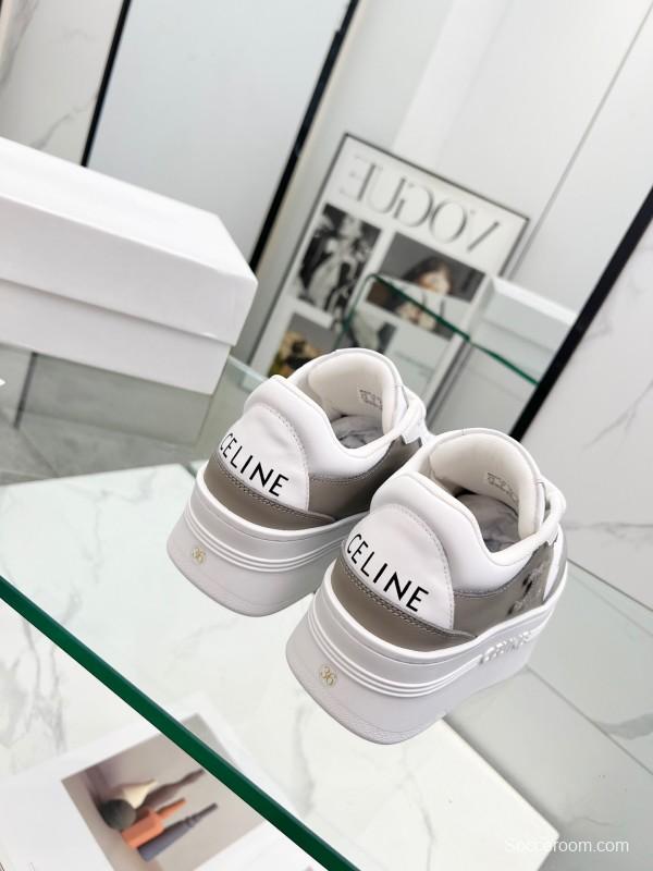 2025 Women Celine White Grey Leather Block Triomphe Sneakers LY00270