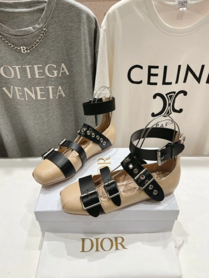 2025 Women Dior Beige Black Leather Mary Jane Buckle Flats