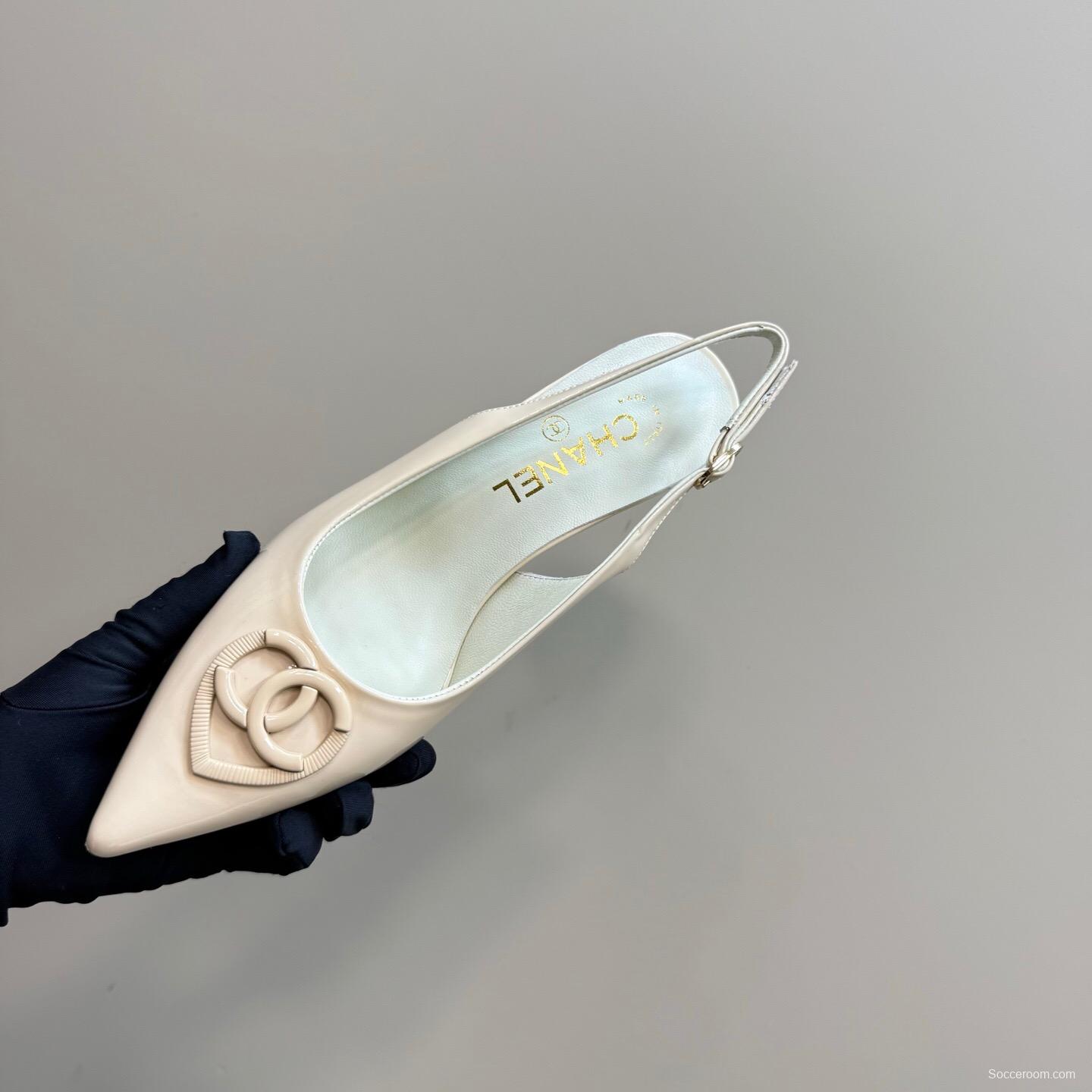 2025 Women Chanel Beige Patent Leather Slingback Heels