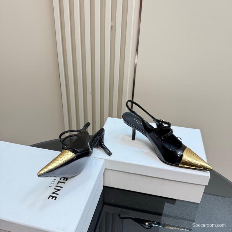2025 Women CELIN* Black Gold Leather Pointed Toe Slingback Heels