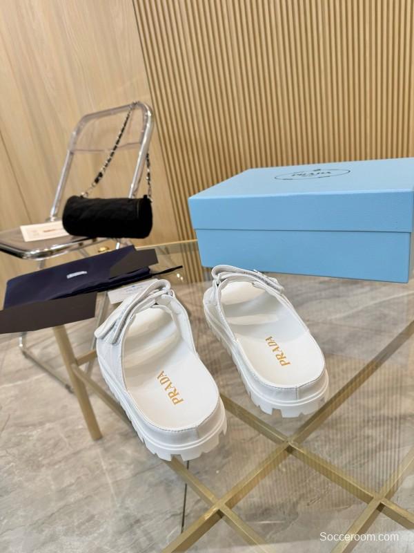 2025 Women Prada White Leather Slippers LY00270