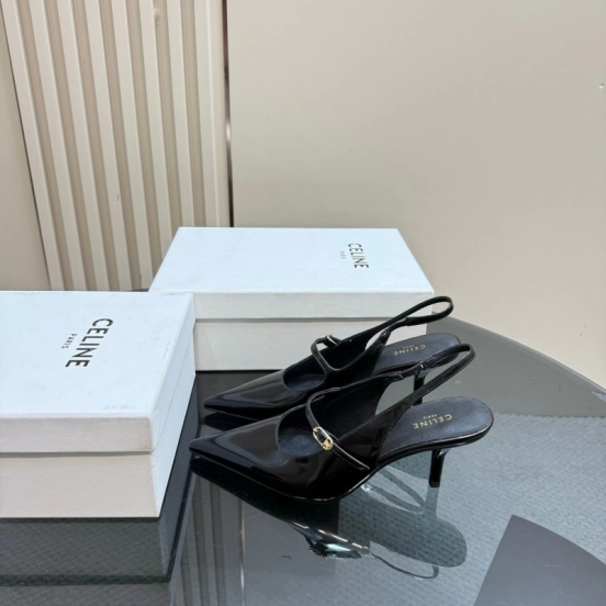 2025 Women Celine Black Patent Leather Slingback Pointed Toe Heels KFY00310