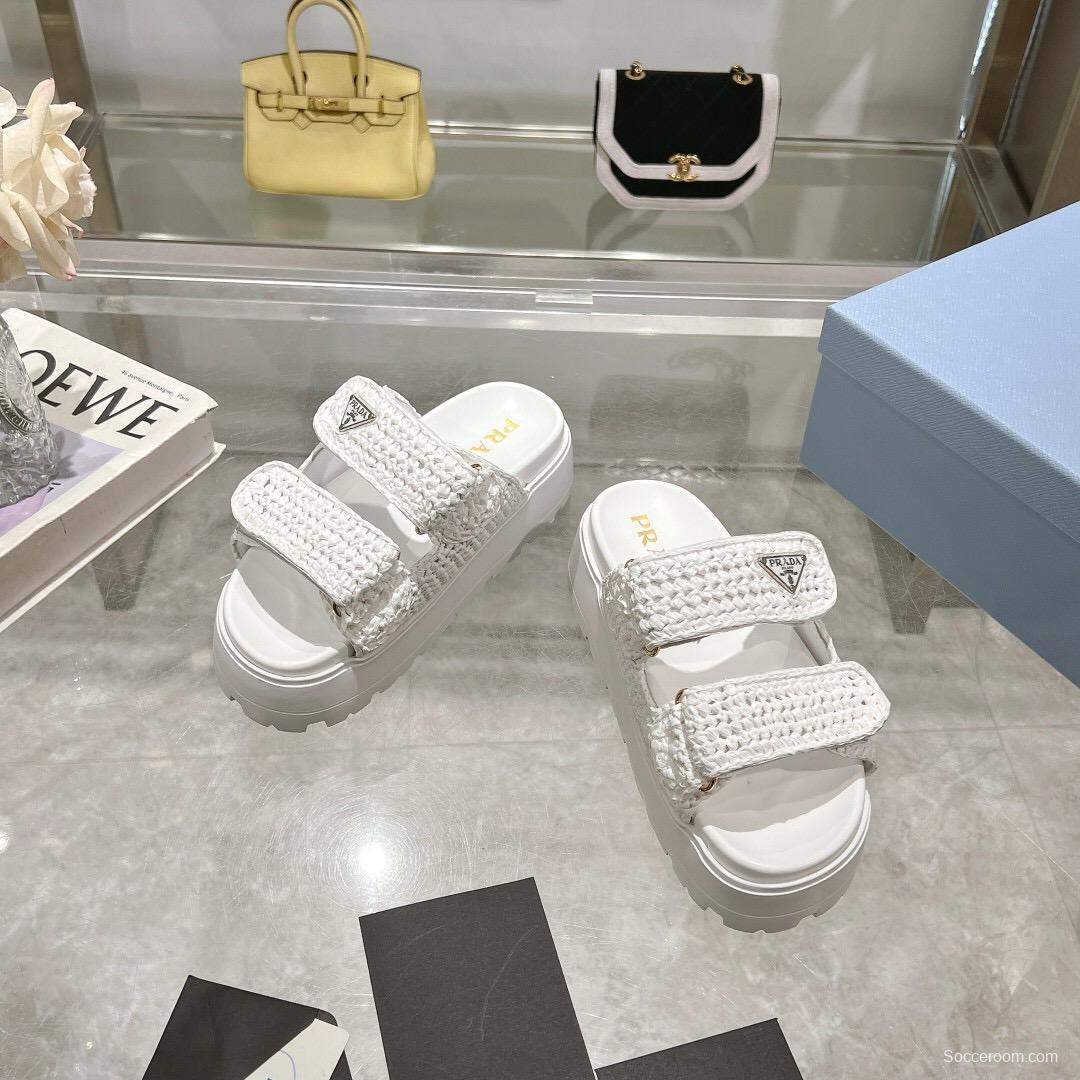 2025 Women Prada White Knit Leather Slippers