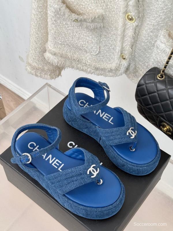 2025 Women Chanel Blue Denim Leather Platform Sandals KFY00260