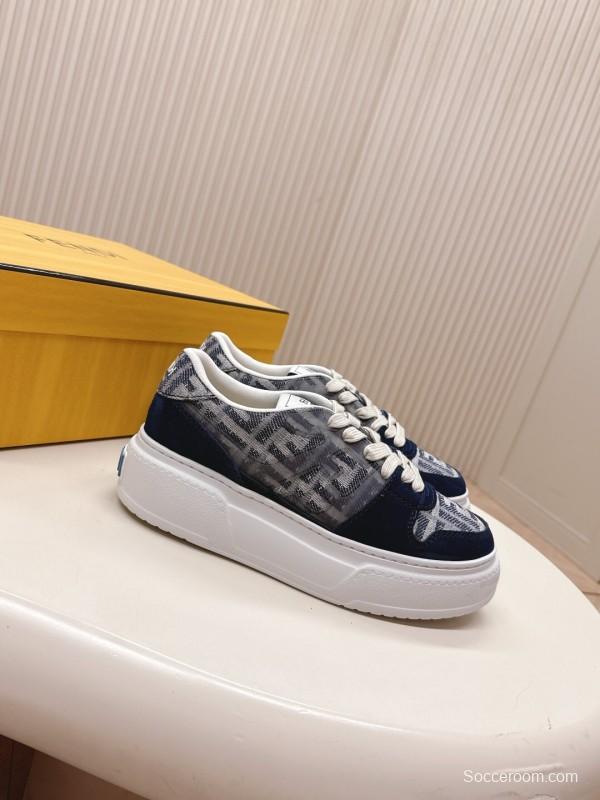 2025 Women Fendi Navy Grey Leather Canvas Sneakers LY00340