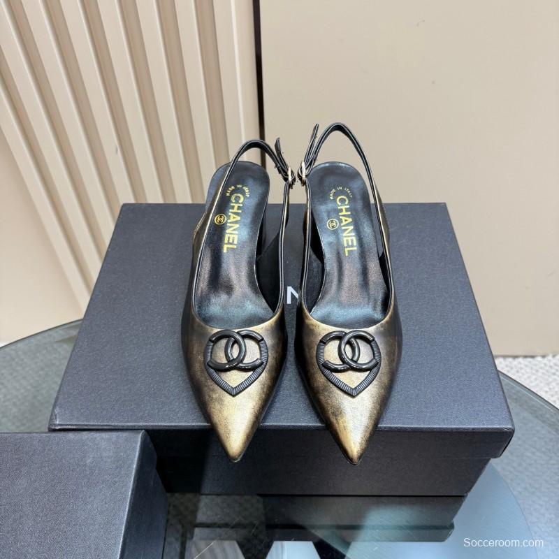 2025 Women Chanel Gold Black Leather Slingback Heel
