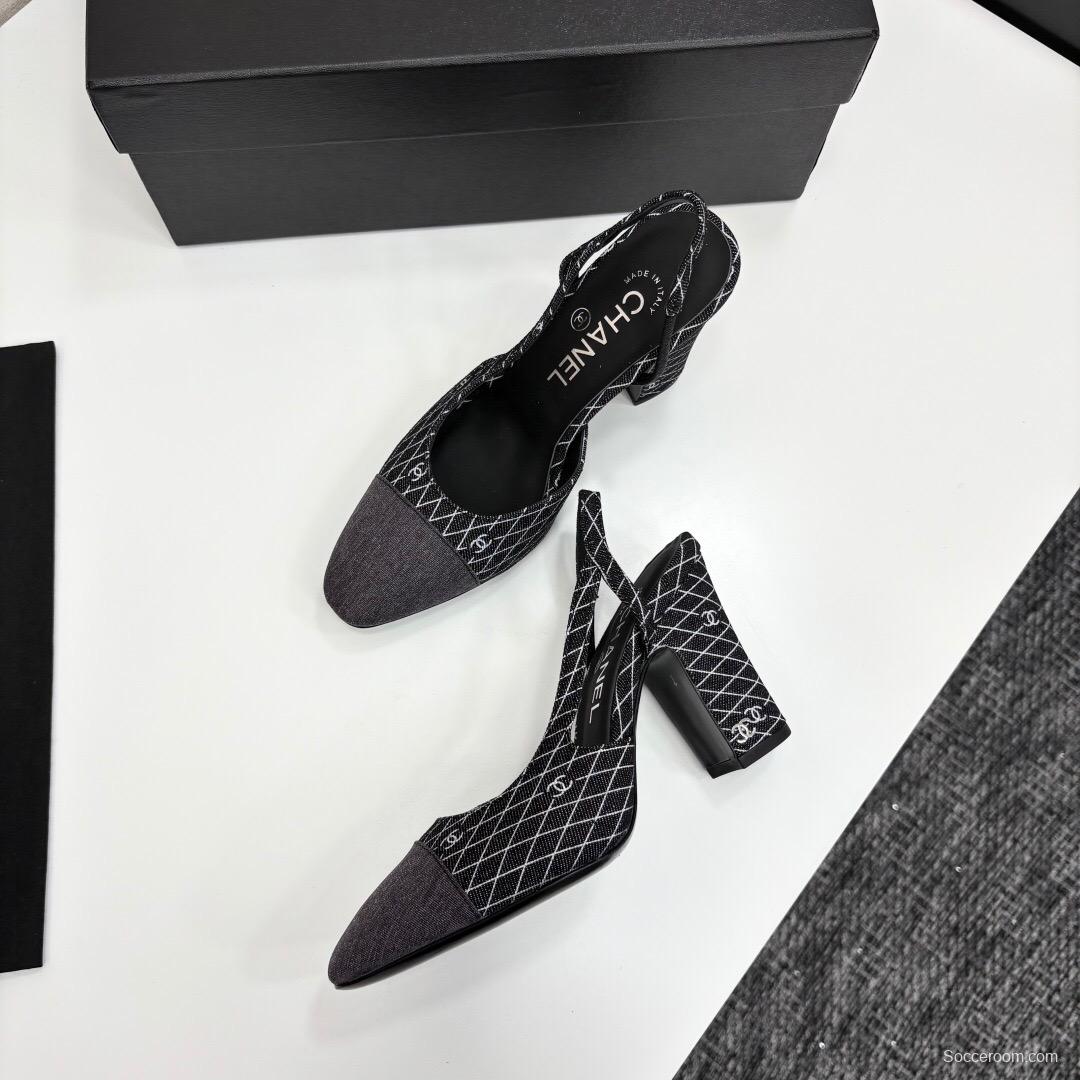 2025 Women Chanel Black Grey Fabric Slingback Heels LY00270