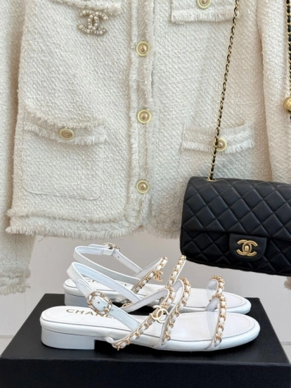 2025 Women Chanel White Leather Chain Strap Sandals