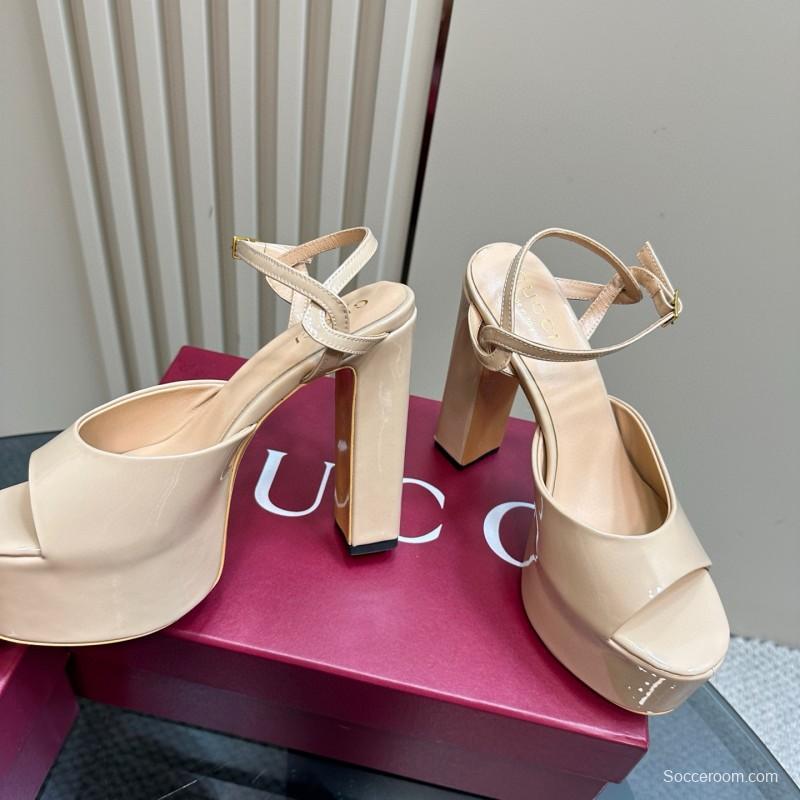 2025 Women Gucci Beige Patent Leather Platform Sandals MJ00340