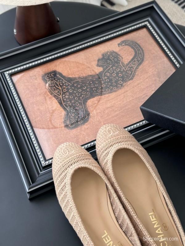 2025 Women Chanel Beige Knit Ballet Flats LY00280