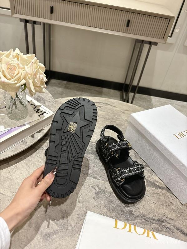 2025 Women Dior Black Fabric Leather Sandals KFY00300