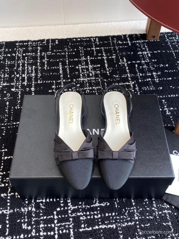 2025 Women Chanel Black Satin Silk Leather Sandals Bow KFY00289