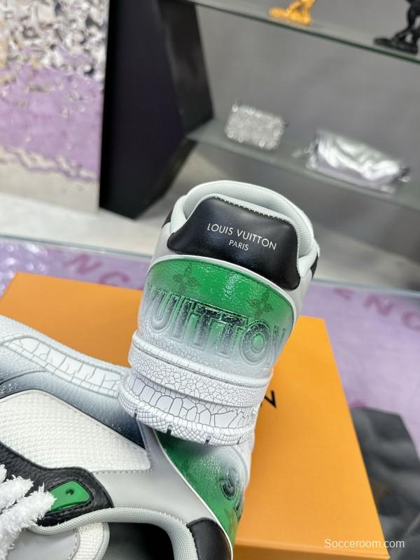 2024 Unisex Louis Vuitton Green White Leather Fabric Plimsolls Waxed Distressed Washed MJ00500