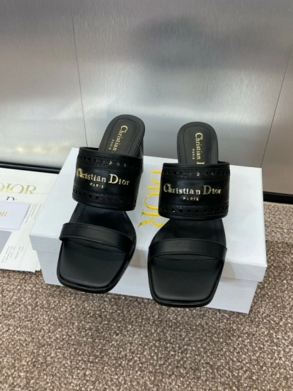 2024 Women Dior Black Leather Slide Sandals