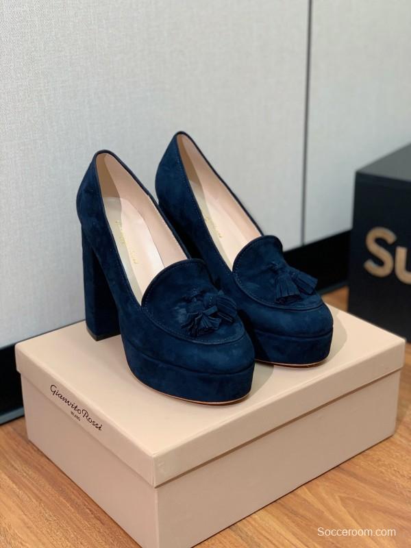 2025 Women Gianvito Rossi Navy Suede Platform Loafers KFY00330
