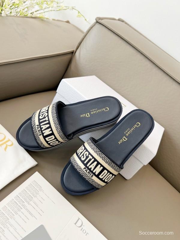2025 Women Dior Navy White Canvas Platform Slippers LY