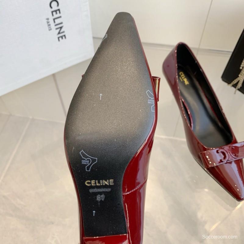 2025 Women Celine Burgundy Patent Leather Pointed Toe Pumps