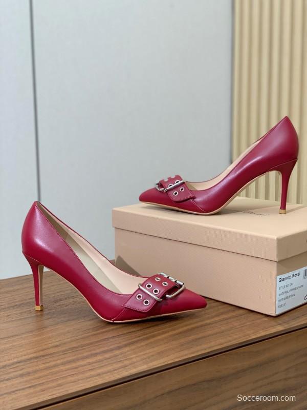 2025 Women Gianvito Rossi Red Leather Heels Buckle KFY00300