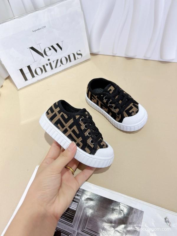 2024 Kids Fendi Black Beige Canvas Sneakers