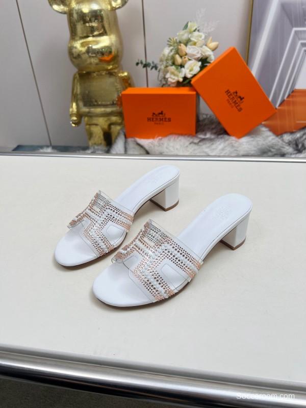 2025 Hermès White Leather Slippers H Pattern MJ00180