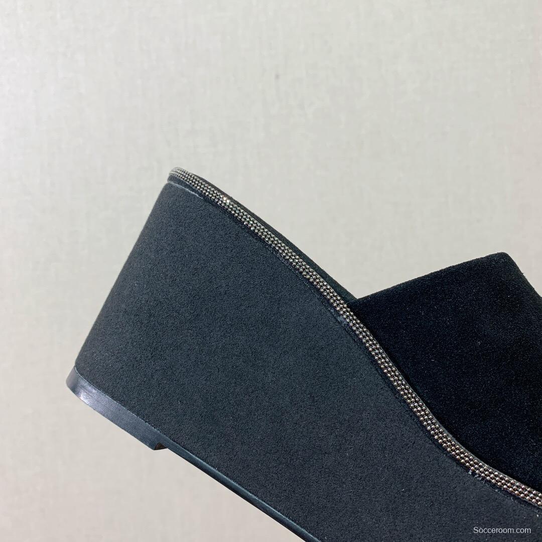 2025 Women BRUNELLO CUCINELLI Black Suede Platform Slide Sandals Casual Craftsmanship KFY00275(F)