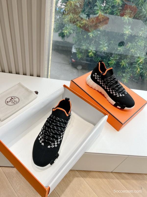 2024 Unisex Hermès Black White Orange Calfskin Suede Sneakers MJ00290