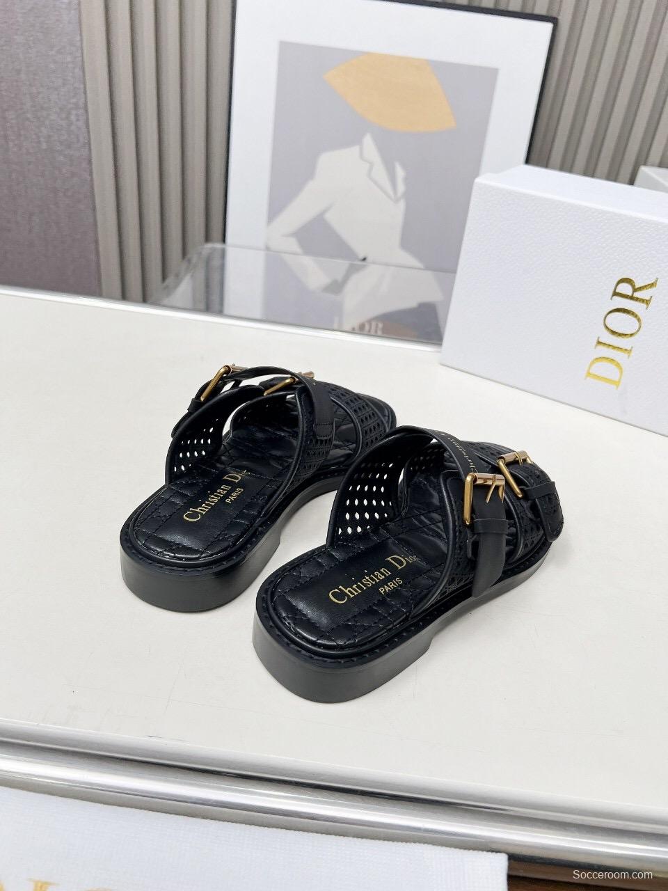 2025 Women Dior Black Leather Slippers